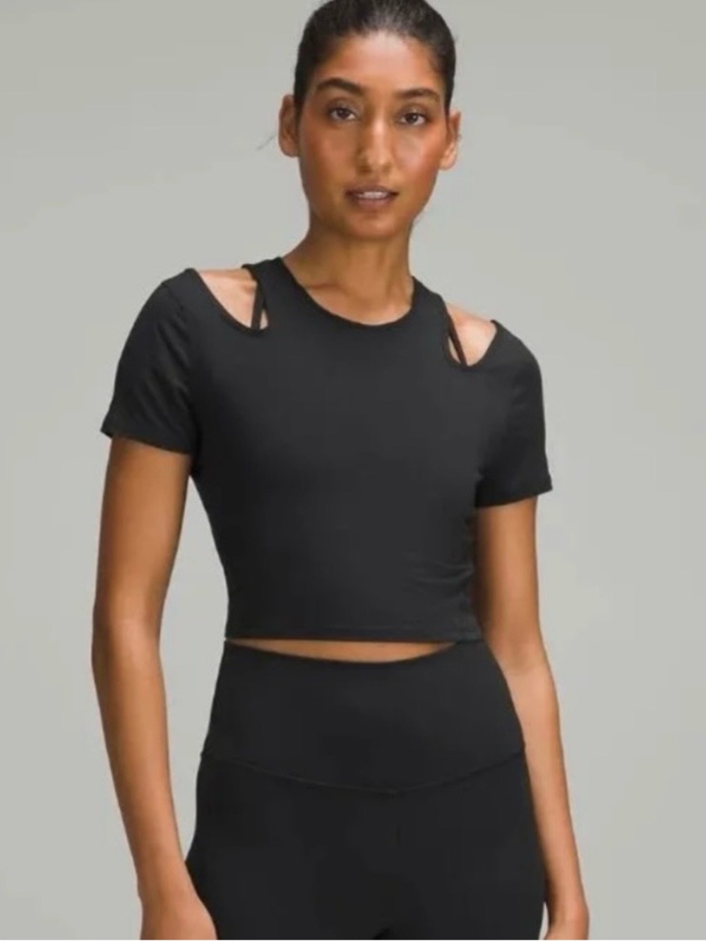 lululemon athletica Black Cutout Shoulder Short Sleeve Crop Top
